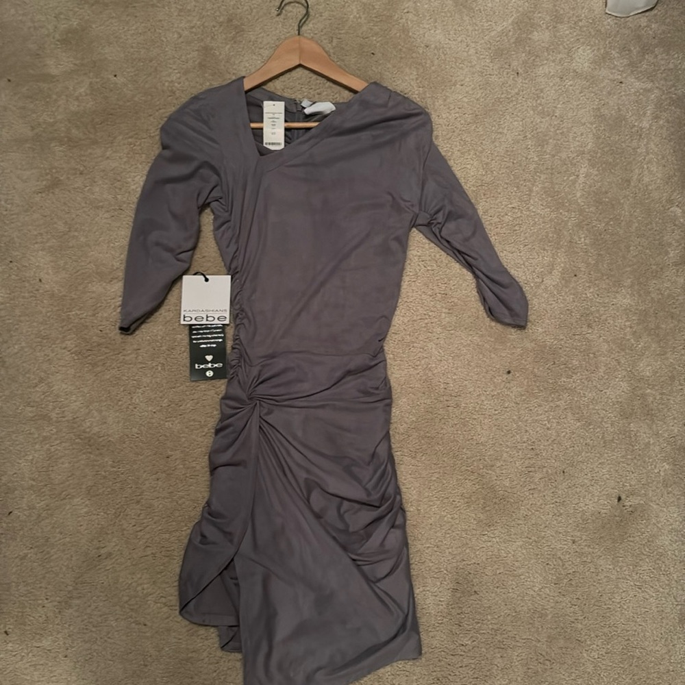 NWT Kardashian Bebe Womens Faux Suede Dress Bodycon Ruched Size XS Gray